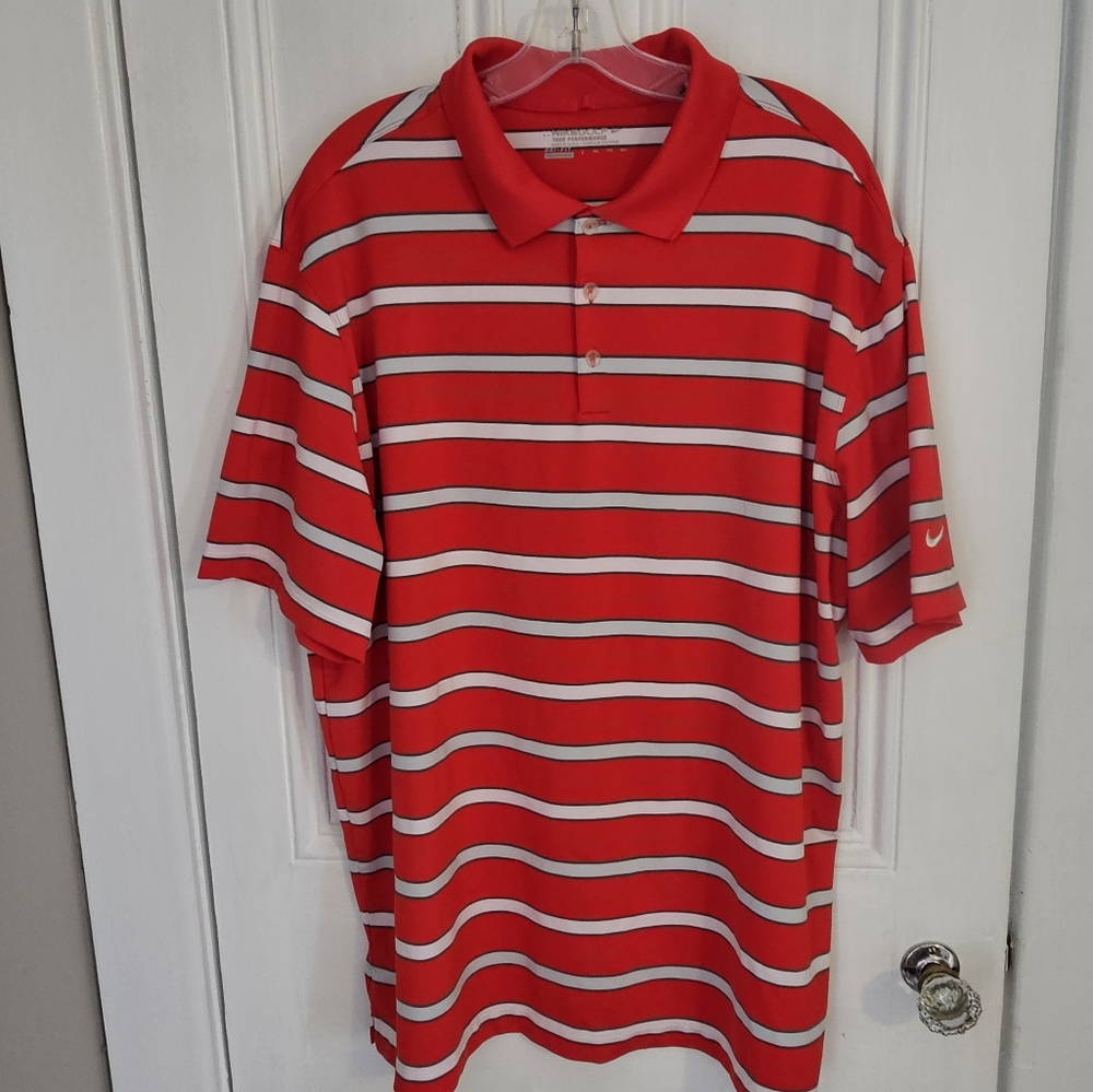 Nike Golf Men's XXL 2XL  Tour Performance Dri-Fit Polo Shirt Red White Stripes